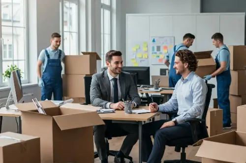 Colleagues chatting and workers packing office laguages