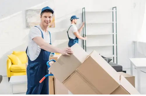 two-movers-in-uniform-transporting-cardboard-boxes-and-furniture-in-apartment
